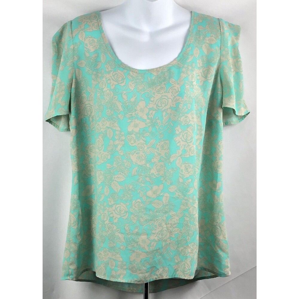 Metaphor top silky L Aqua Tan Floral Roses Short Sleeve Romantic Classic